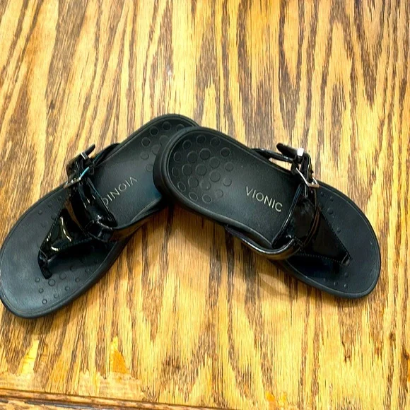 Vionic Cooper Shiny Black Flip Flop Wedge Sandals Slip On Women's Sz 6. #27 - Picture 2 of 5